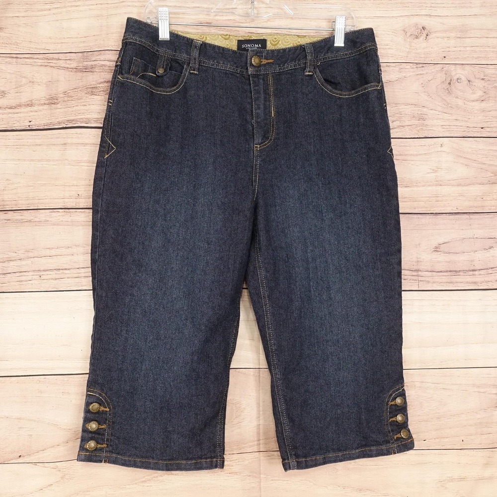 Sonoma LIFE+style Capri Jeans Womens 12 Blue Dark Wash Stretch Button Hem Denim